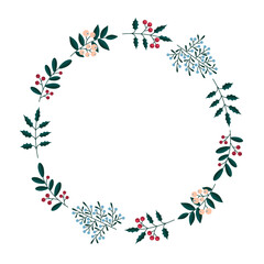 Obraz premium Christmas ornament wreath frame vector illustration with red berries, green leaves. Round frame for winter design such as Christmas card, poster, invitation, banner