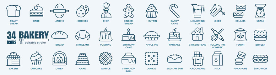 Bakery shop elements - minimal thin line web icon set. Outline icons collection. Simple vector...