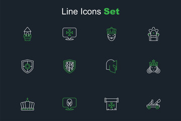 Set line Medieval catapult, Crusade, helmet, King crown, Princess or queen, Shield and icon. Vector