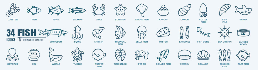 Fish and seafood elements - thin line web icon set. Outline icons collection. Simple vector illustration. - obrazy, fototapety, plakaty