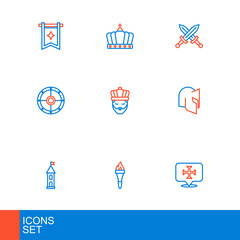 Set line Crusade, Torch flame, Castle tower, Medieval helmet, Round shield, King with crown, Crossed medieval sword and icon. Vector