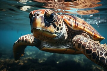 Fototapeta premium Green sea turtle swimming underwater in the ocean. Close up view.