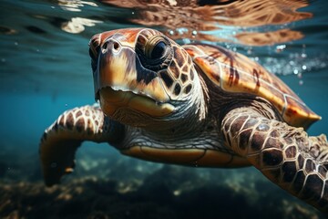 Green sea turtle swimming underwater in the ocean. Close up view.