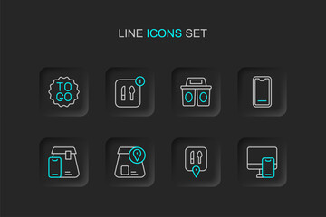 Set line Online ordering food, Cafe and restaurant location, Food mobile, Coffee cup to go, and icon. Vector