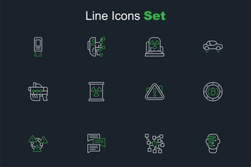 Set line Smart glasses on spectacles, Speech bubble chat, Earth with exclamation mark, Cryptocurrency coin Bitcoin, Exclamation triangle, Radioactive waste barrel and Futuristic weapon icon. Vector
