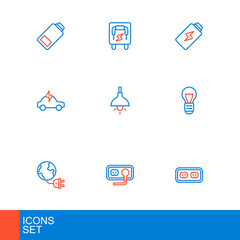 Set line Electrical outlet, Global energy planet with plug, Creative lamp light idea, car, Lamp hanging, Battery charge and panel icon. Vector