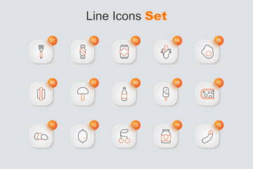 Set line Eggplant, Jam jar, Fresh berries, Lemon, Chicken egg, Cheese, Ice cream and Bottle of wine icon. Vector