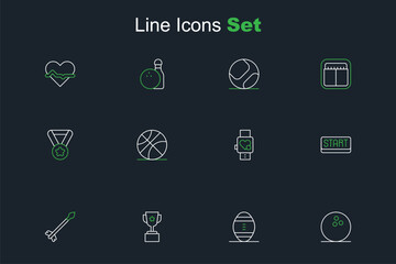 Set line Bowling ball, American Football, Award cup, Medieval arrows, Ribbon finishing line, Smart watch with heart, Basketball and Medal icon. Vector