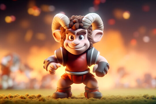 Ram on a soccer field. Cute cartoon ram standing on the green grass with bokeh background. 3D rendering of a cartoon character on a football field with fans.
