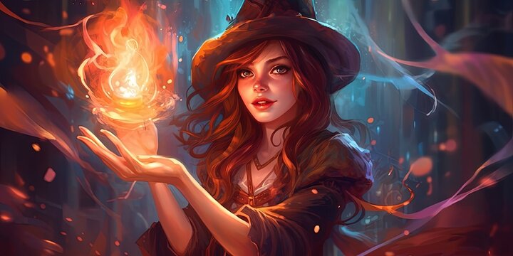 Witch girl cast spells with magic power, digital art style, illustration painting