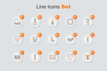 Set line Conga drums, Guitar pick, Retro audio cassette tape, Flute, Music synthesizer, Microphone, Trumpet and Saxophone icon. Vector