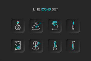 Naklejka premium Set line Clarinet, Electric bass guitar, Metronome with pendulum, Stereo speaker, Audio jack, Conga drums, Triangle musical instrument and Banjo icon. Vector