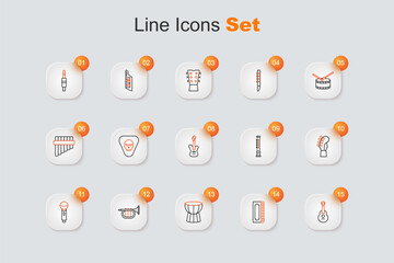 Set line Guitar, Harmonica, African darbuka drum, Trumpet, Microphone, neck, Flute and Electric bass guitar icon. Vector