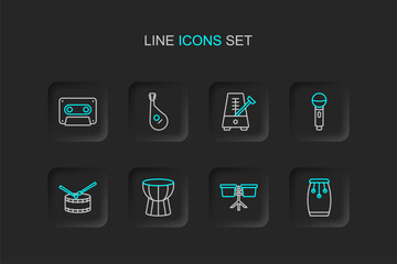 Set line Conga drums, Bongo, African darbuka, Drum with sticks, Microphone, Metronome pendulum, Bandura and Retro audio cassette tape icon. Vector