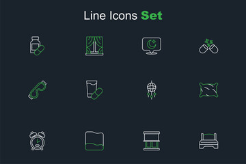 Set line Big bed, Window with curtains, Pillow, Alarm clock, Dream catcher feathers, Sleeping pill and Eye sleep mask icon. Vector