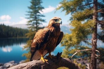 Obraz premium Beautiful golden eagle sitting on a tree branch in the mountains.