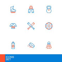 Set line Badminton shuttlecock, Hockey puck, Fitness shaker, Soccer football ball, Kimono, Crossed baseball bat, Weight and Sport expander icon. Vector
