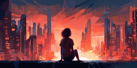 Woman sitting outside against the futuristic city scene in the background, illustration