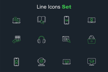 Set line Graduation cap in speech bubble, laptop, Web camera, Online education with diploma, Student working, Headphones and Book donation icon. Vector