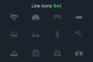 Set line Swedish wall, Ferris wheel, Playground climbing equipment, Toy horse, Hopscotch, Bumper car and Attraction carousel icon. Vector