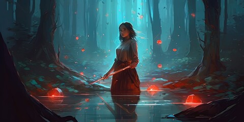 Woman with her sword looking at the mysterious floating stones in the forest, digital art style, illustration painting - obrazy, fototapety, plakaty