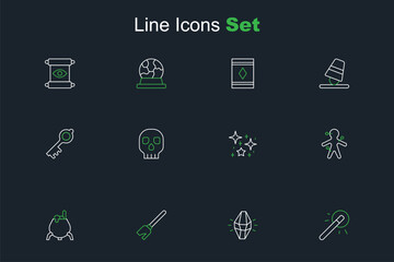 Set line Magic wand, stone, Witches broom, cauldron, Voodoo doll, Magical glitter particles, Skull and Old magic key icon. Vector