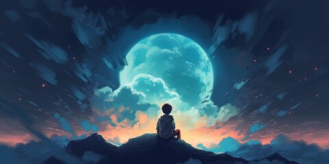 Young boy sitting on the glowing moon behind clouds in night sky, digital art style, illustration painting - obrazy, fototapety, plakaty