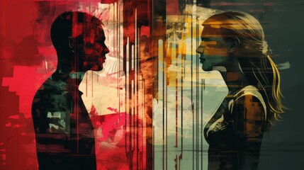 Glitch Style Illustration of Female and Male, Equality in Between