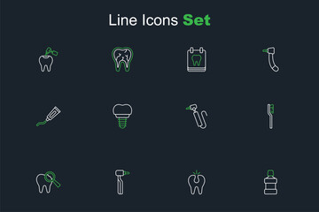 Set line Mouthwash, Broken tooth, Tooth drill, Toothbrush, Dental implant and Tube of toothpaste icon. Vector