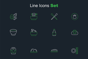 Set line Food chopsticks with plate, Fish steak, Sushi, Asian noodles in paper box, Soy sauce bowl, bottle, Rice fish and icon. Vector