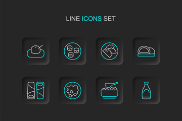 Set line Soy sauce bottle, Ramen soup bowl, Rice in, Guotie, Sushi, Dumpling, and Mochi icon. Vector