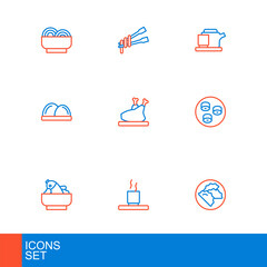 Set line Dumpling, Cup of tea, Rice with fish bowl, Sushi, Roasted turkey or chicken, Traditional ceremony and Food chopsticks noodles icon. Vector