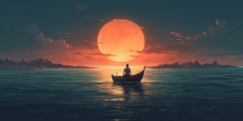 Young man rowing a boat in the sea looking at the crescent, digital art style, illustration painting