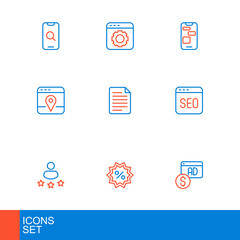 Set line Advertising, Discount percent tag, Consumer product rating, SEO optimization, Infographic of city map, File document, Mobile 24 hours support and Browser setting icon. Vector