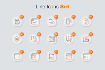 Set line SEO optimization, Browser window, Advertising, Target financial goal, Board with graph chart and Page 404 error icon. Vector