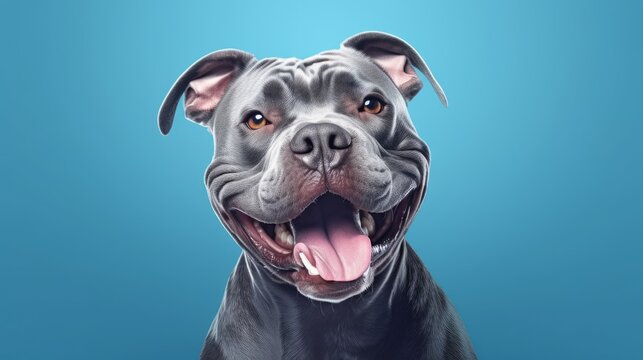 Portrait happy smiling american bully dog. Isolated on blue background