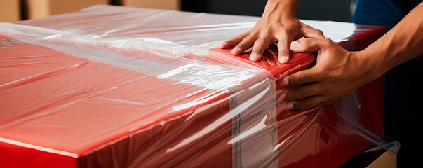 cropped view of movers wrapping box with stretch film