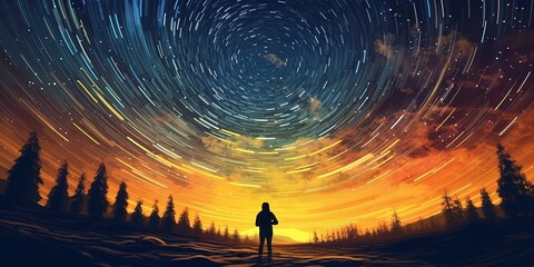 Young photographer taking picture of sunrise sky with star trails, digital art style, illustration painting