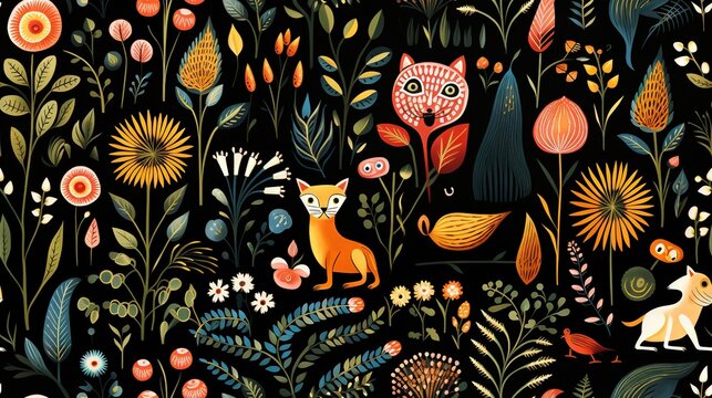  a painting of a fox and other animals in a field of flowers.  generative ai