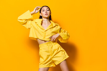 beautiful woman expression trendy lifestyle fashion young attractive yellow girl model