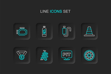 Set line Alloy wheel for car, Pit stop, Racing track, Medal, Traffic cone, Car muffler, Nitrous oxide and Check engine icon. Vector
