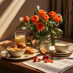 plate with breakfast on the background of a vase of flowers. Morning meal. Delicate shades, romantic atmosphere