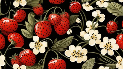  a pattern of strawberries and flowers on a black background.  generative ai