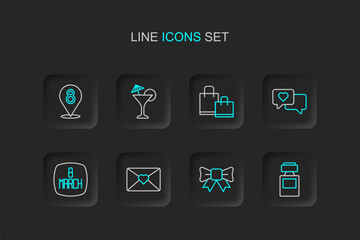 Set line Perfume, Gift bow, Envelope with 8 March, Heart in speech bubble, Paper shopping bag, Martini glass and icon. Vector