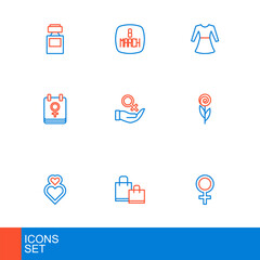 Set line Female gender symbol, Paper shopping bag, Heart, Flower, Calendar with 8 March, Woman dress and icon. Vector