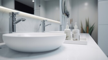 Stylish vessel sink on a white countertop in a modern white bathroom interior, with artificial light