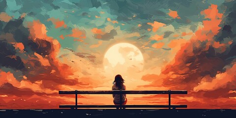 Young woman sitting on a bench against beautiful sky, digital art style, illustration painting - obrazy, fototapety, plakaty