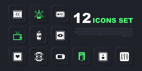 Set Play Video, Sound mixer controller, Paper glass with water, Fire exit, Retro tv, No cell phone, alcohol and Cinema ticket icon. Vector