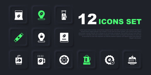 Set Medal for coffee, Piece cake, Location with cup, Electric kettle, Sugar stick packets, Coffee, bean and Donut icon. Vector