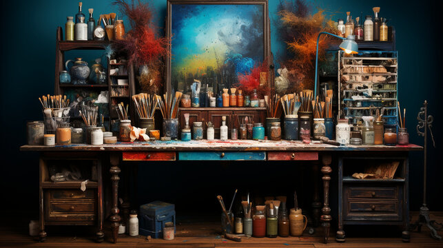 An artistically arranged collection of art supplies, from brushes to palettes.  